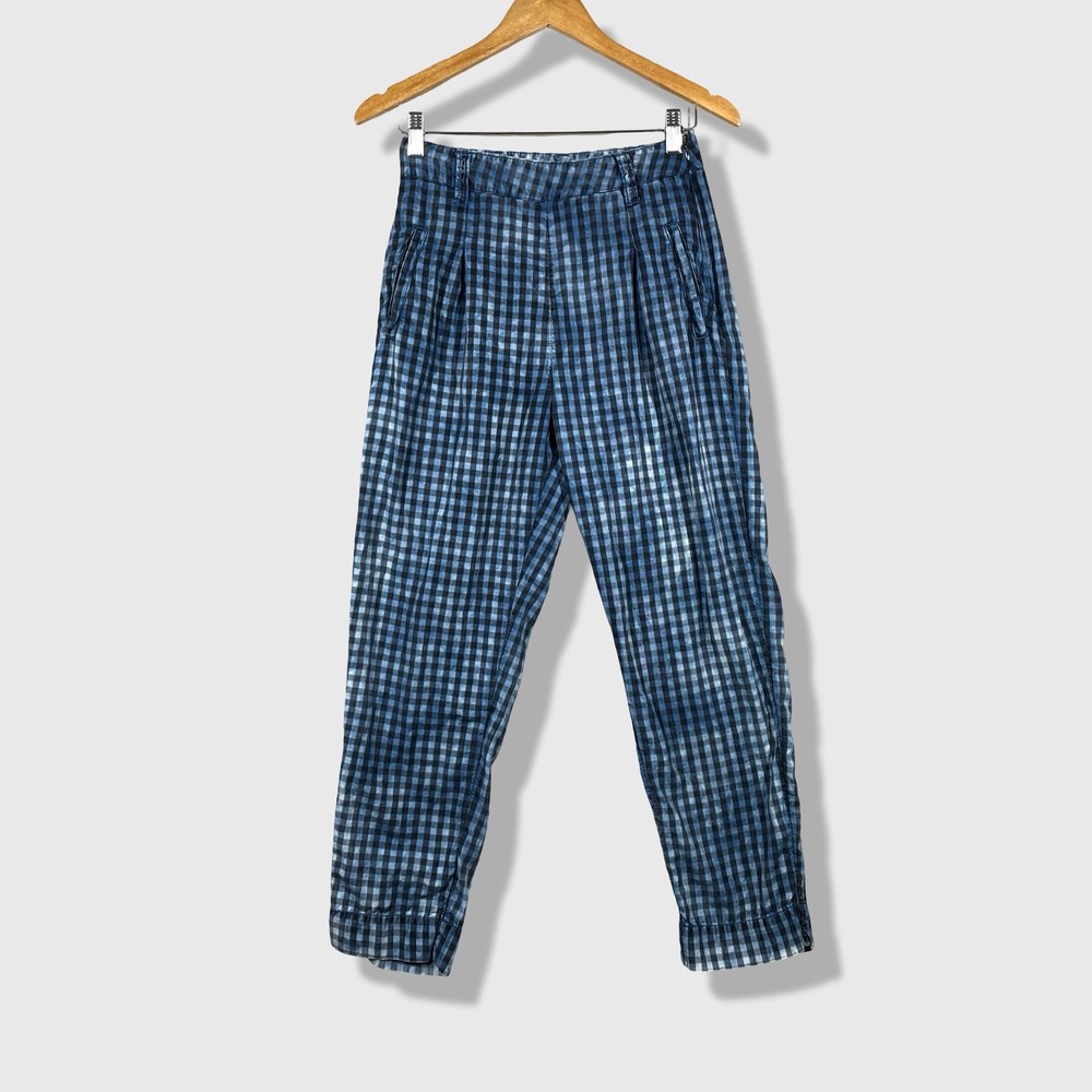Maeve Anthropologie Tapered Pants Women Size 0 Blue‎ Gingham Plaid Preppy Boho
